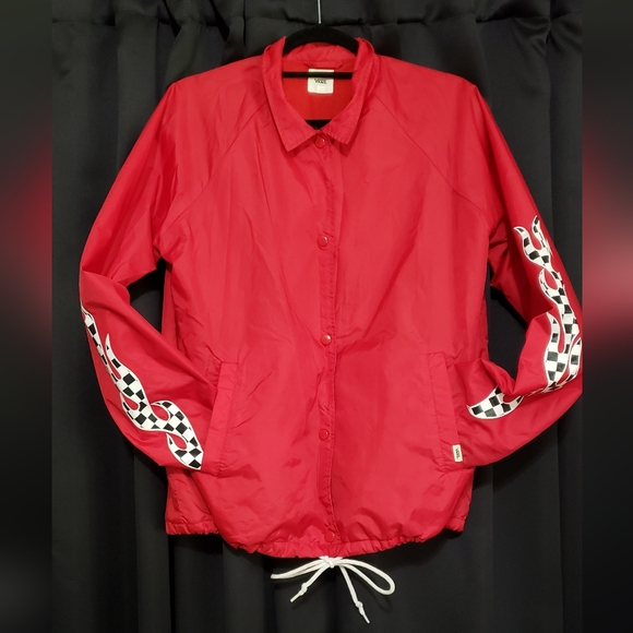Vans Red Coach Jacket L Checkered Flame Off the Wall Graphic Skate Streetwear - Picture 1 of 14